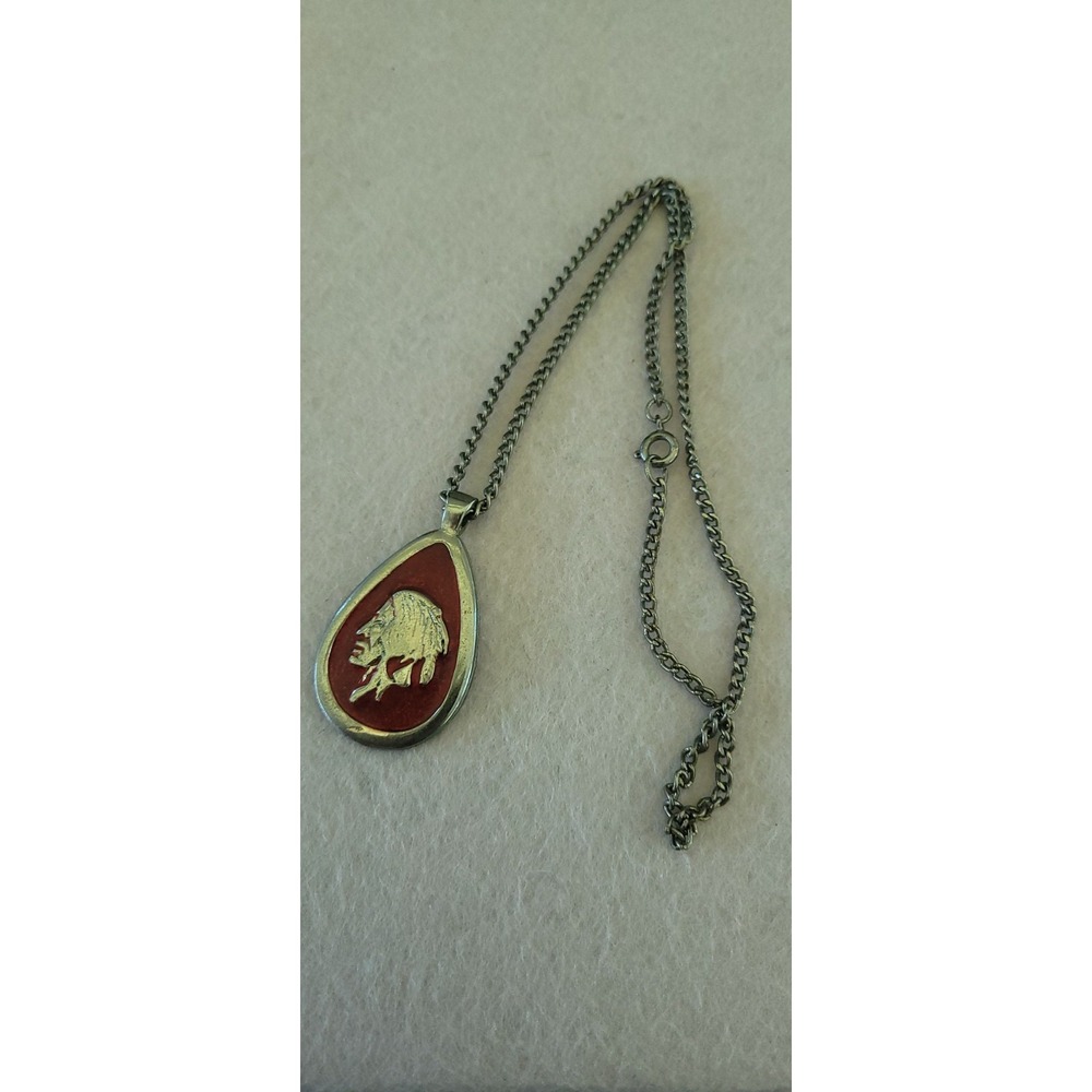 Vintage Native American Profile Pendant Necklace Red Inset Teardrop 18in